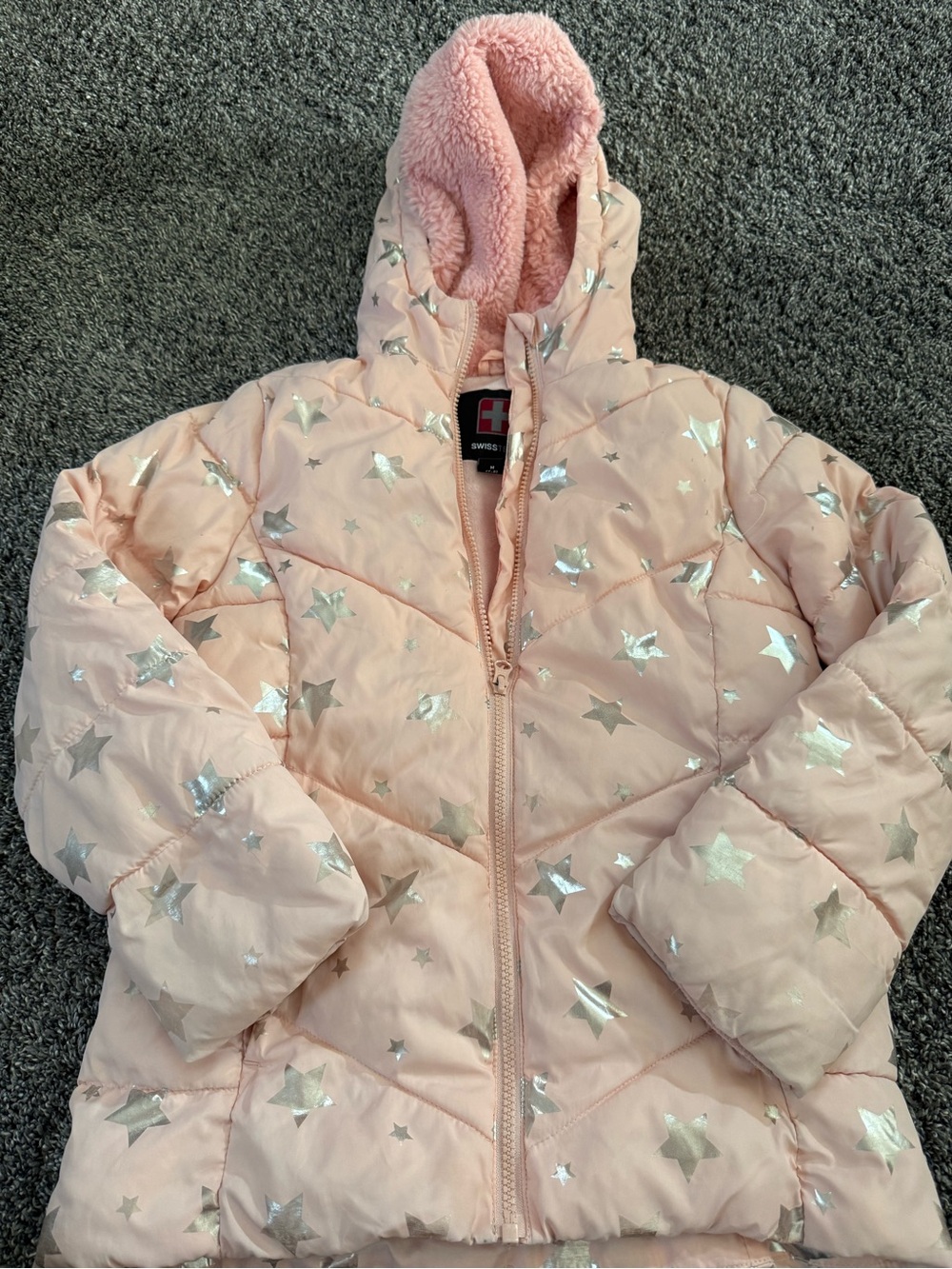 Swiss Tech Pink Star-Print Puffer Jacket with Sherpa Hood